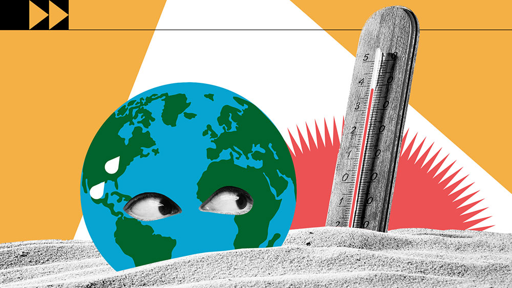 Photocomposition: an image of the world globe looking worried to a thermometer with raising temperatures